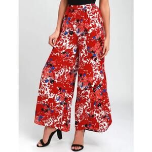 Free People Late Night Wide Leg Pants Floral Elastic Waist XS Red Blue